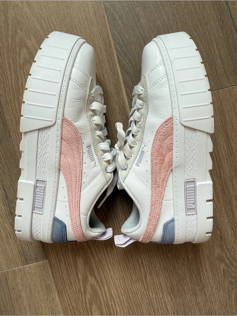 Puma White Sneakers with Pink Suede Formstrip and Gray Accent